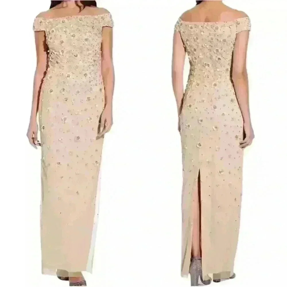 Adrianna Papell Champagne Beaded Off-Shoulder Maxi Dress